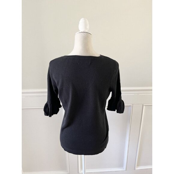 Liz Claiborne Signature Black Textured Short Sleeve Sweater W/ Ruffle Detail M - Picture 3 of 5